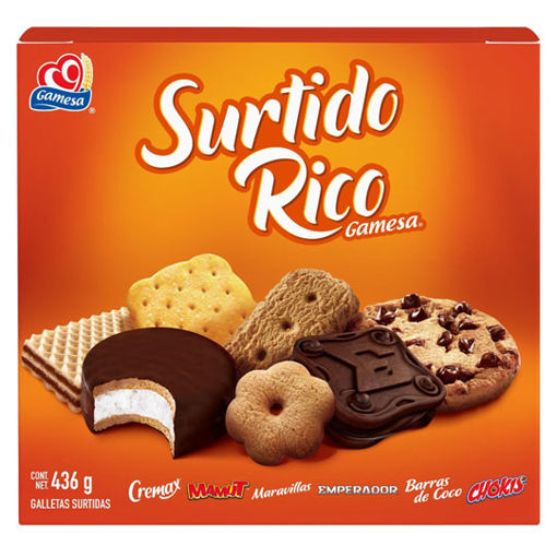 Galletas Gamesa surtido rico 436 gr      Es la opción ideal para compartir con tus seres queridos pues contiene la deliciosa variedad de Gamesa. contiene chokis, emperador, mini mamut, cremax, maravillas y barras de coco. acompáñalas con tu bebida favorita                                         .                                        - GAMESA