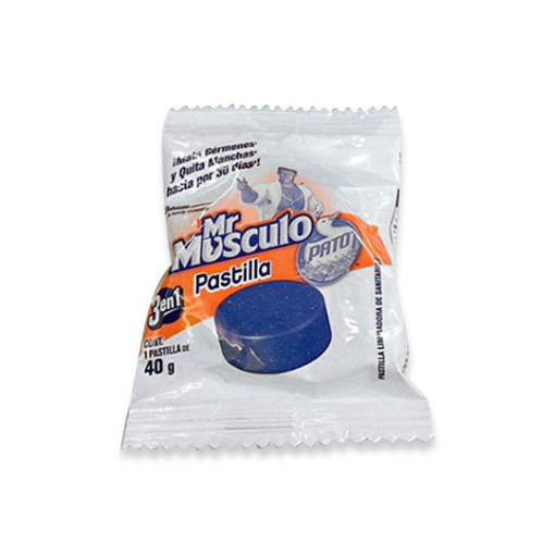 Pastilla para baño caja con 12 Mr. múscu Pastillas para baño para tanque de tu sanitario, dejar que actue para mantenerlo limpio y desinfectado por 30 dias. mata germenes, bacterias y quita manchas. Actua con cada descarga y deja un agradable color azul                                            lo 40 gr.                                - PATO PURIFIC