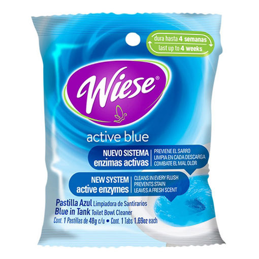 Pastilla azul Wiese para inodoro 12 pzas Para limpieza del sanitario, cuenta con un innovador sistema de enzimas activas para una mayor efectividad en la prevencion del mal olor y del sarro. aroma a pino. Caja con 12 pzas                                                                            c/48 gr.                                 - NNOPA00