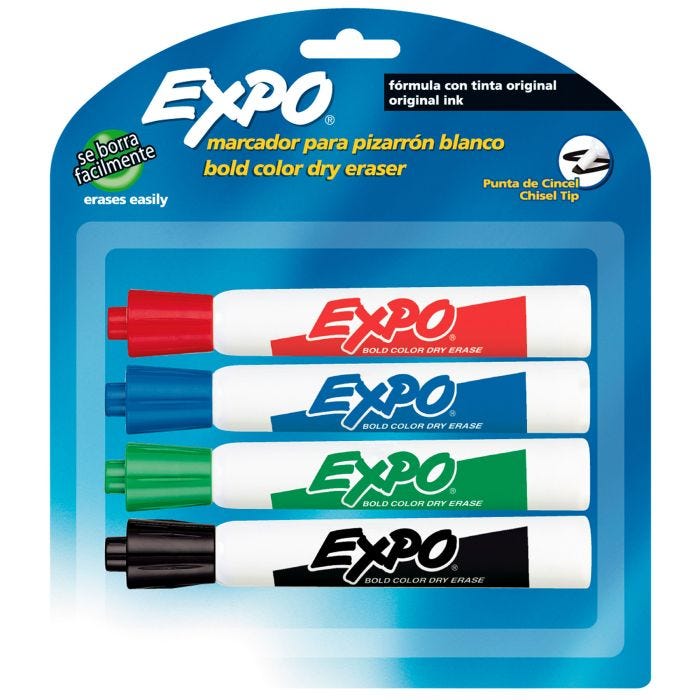 Marcador para pizarron Expo estuche con Marcador para pizarron blanco marca expo tarjeta c/4 pz, colores basicos (ngo, azul, rjo y vde) especial para en acrilicos, vidrios, etc;tinta con bajo aroma, se borra facilmente,  cuerpo plastico color blanco, tapa-color de la tinta, punta cincel - BEROL