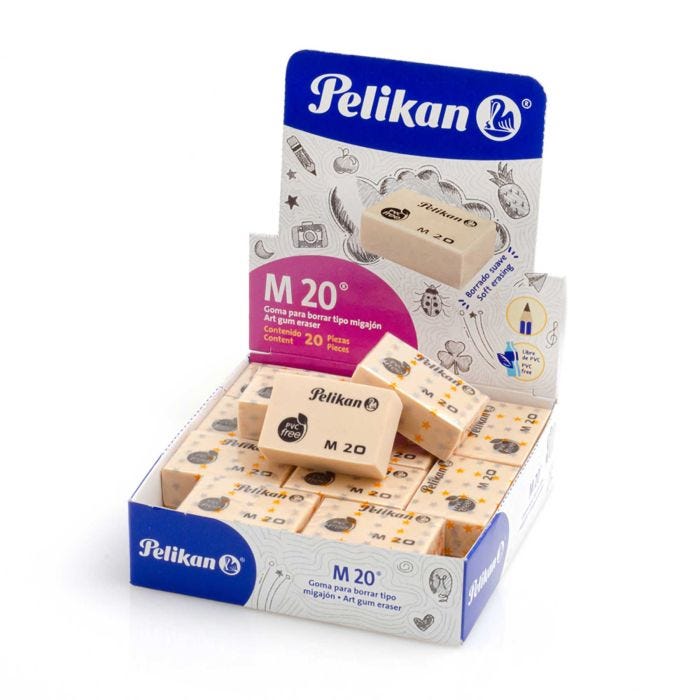 Goma Pelikan M20 tipo migajon, caja exhi Idela para diseñadores y dibujantes. Envuelta en celofán para mayor protección, excelente sujeción con suave textura, no mancha ni daña el papel, libre de PVC, no tóxica                                                                                       bidora con 20 Piezas                     - 6150200