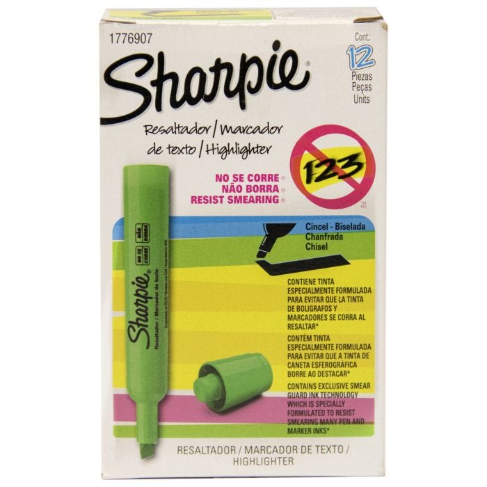 Resaltador Sharpie Tank verde caja con 1 Tinta smearguard, evita que se corra el bloigrafo al resaltar el texto, punta cincel, barril del color de la tinta, secado rapido, ideal para rotafolios, cartulina, papel, etc; tinta base agua,                                                               2 piezas                                 - SHARPIE