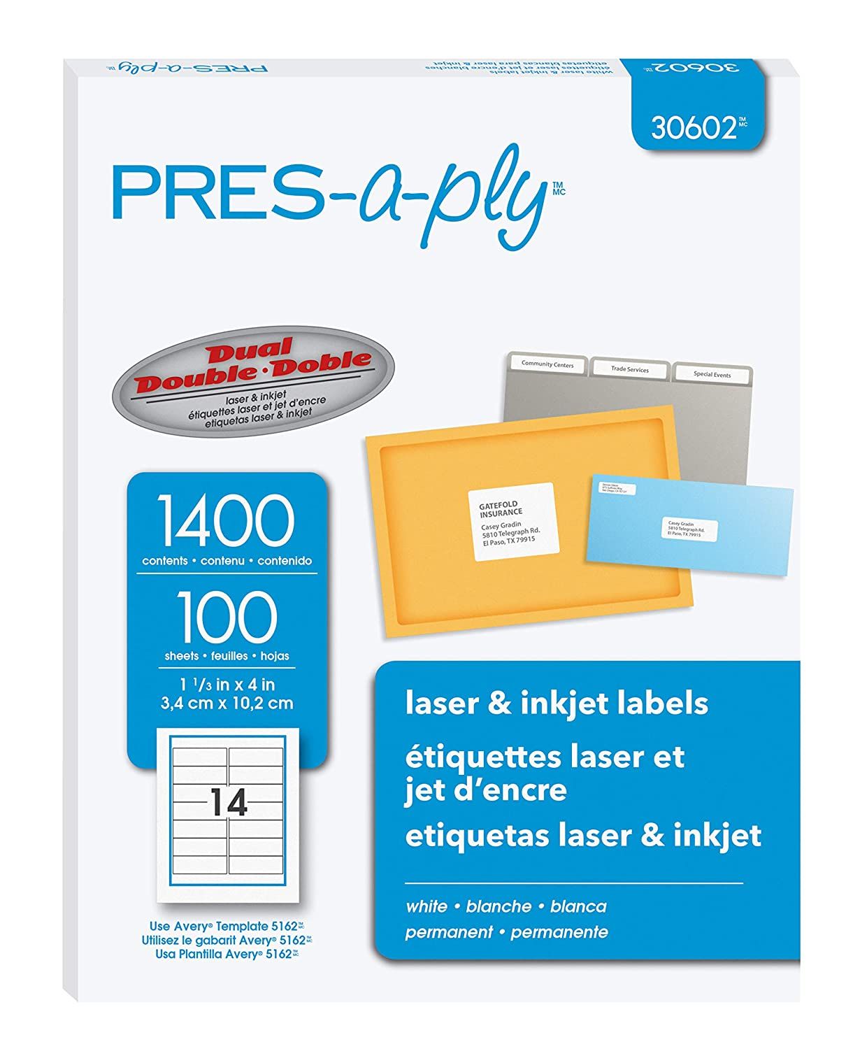 Etiqueta tecnología laser/inkjet AVERY c Presaply, medidas 3.39 x 10.16 cm, con 1,400 etiquetas                                                                                                                                                                                                          olor blanco                              - 30602