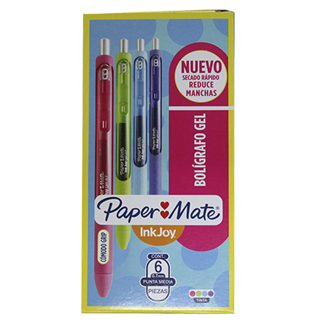 Boligrafo Paper Mate gel RT kilometrico  Tinta inkjoy gel, ultra sueve y secado rapido en 4 colores: lima, rosa, morado encantado y azul claro,  mecanismo retractil, con grip, punta de 0.7 mm                                                                                                          punto mediano surtido 6 piezas           - PAPER MATE