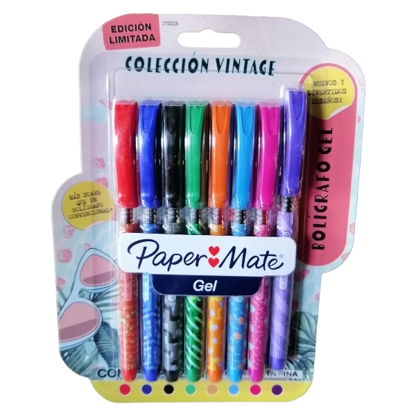 Boligrafo gel económico Paper Mate Vinta Colección vintage colores divertidos: naranja,turquesa,magenta, morado,verde, negro, azul, rojo.0,6mm, secado rapido , tinta mas suave que el boligrafo convencional, grip anillado en la base del barril el cual permite un agarre firme y comodo.             ge punto fino estuche con 8 piezas       - PAPER MATE