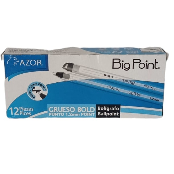 Bolígrafo grueso Big Point 1.2 mm color  Tinta azul, punto grueso 1.2 mm, tinta de baja viscosidad que brinda flujo instantáneo, con tapón para cordón, rendimiento 700 m, escritura suave y continua, barril de plástico transparente con sistema anti-rodamiento.                                      azul caja con 12 pzas                    - AZOR