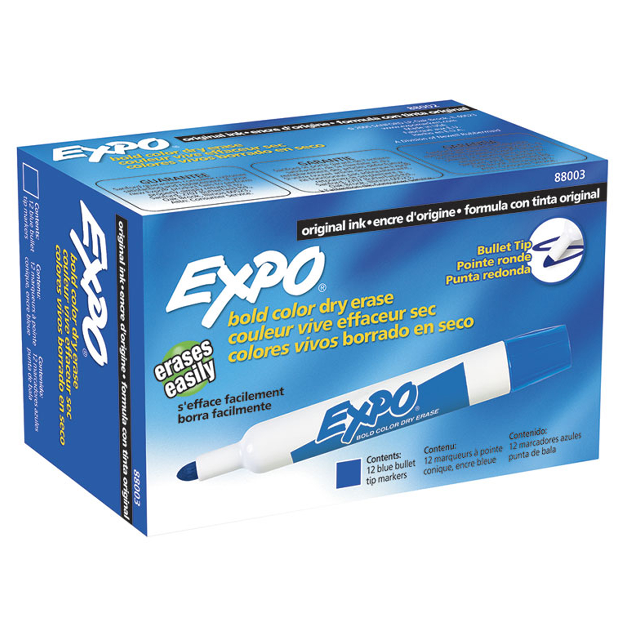 Marcador para pizarron Expo azul caja co Marcador para pizarron blanco marca expo color azul, especial para en acrilicos, vidrios, etc; marcador numero 1 en usa, tinta con bajo aroma, se borra facilmente, cuerpo plastico color blanco, tapa del color de la tinta, punta cincel                      n 12 piezas                              - BEROL