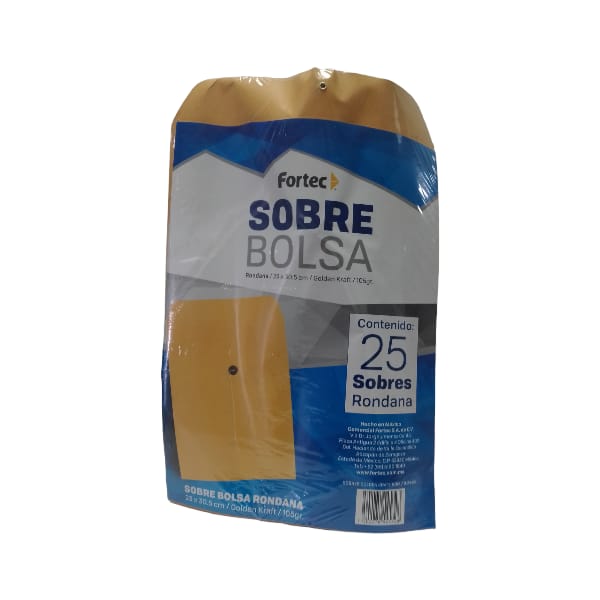 Sobre kraft con rondana Fortec carta caj Sobre tipo bolsa con rondana e hilo, golden kraft de 105 gr, escote en "V" para facilitar la manipulación de documentos, solapa con pleca guía para facilitar el cerrado del sobre, medida: 23 x 30.5 cm.                                                       a con 25 piezas                          - B-23-KR