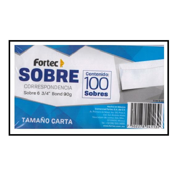 Sobre correspondencia blanco Fortec cart Sobre tipo bolsa con solapa engomada, papel de 90 gr, para el envío de cartas, estados de cuenta, facturas, publicidad y correspondencia en general, etc, medida: 9.2 x 16.4 cm.                                                                                a 6 3/4" caja con 100 piezas             - FORTEC