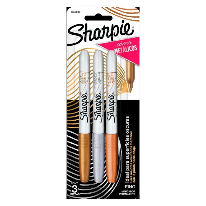 Marcador Sharpie metalico tarjeta con 3  Contiene 3 marcadores permanentes metalicos: 1 oro, 1 plata y 1 bronze, ideal para superficies claras y oscuras, resistente al agua, de rápido secado, marca en cualquier superficie, plástico, metal, cartón, vinil, piel, vidrio, acrílico, madera            piezas: oro, plata y bronce              - BEROL