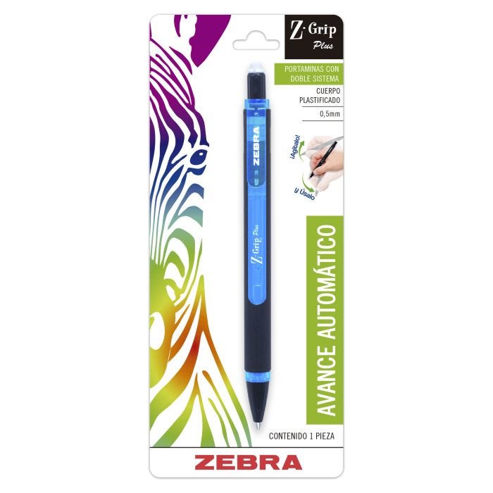 PORTAMINAS Z-GRIP PLUS BLÍSTER 1 PIEZA   PORTAMINAS RETRACTIL MINA 0.7MM CUERPO PLASTIFICADO CON GRIP NEGRO, SISTEMA RETRACTIL Y DE GOLPE PARA EL AVANCE DE LA PUNTILLA. PUNTO FINO 0.5MM. GOMA BLANCA LIBRE DE LATEX  DEBAJO DE LA TAPA. COLOR DE BARRIL SURTIDO.                                       .                                        - ZEBRA