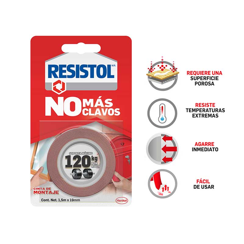 Cinta de montaje Resistol No Más Clavos  Cinta con pegamento doble cara, ideal para montajes fáciles, rápidos y duraderos, soporta máximo 120 kg (usando toda la cinta), para interior y exterior, resistente a humedad y temperaturas extremas, fácil de usar, requiere una superficie porosa, no tóxic 120 kg de 19 mm x 1.5 m                  - RESISTOL