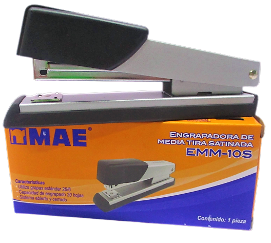 Engrapadora metálica media tira mae      Engrapadora metálica media tira mae, engrapa hasta 20 hojas, matriz para engrapado abierto y cerrado, cuerpo de acero con base y capuchón de goma, utiliza grapas de 26/6, satinada                                                                             .                                        - MAE