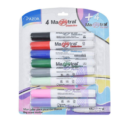 Marcador Magistral Didáctico punta cince Colores surtidos: negro, rojo, azul y verde y 4 colores surtidos pastel, tinta base alcohol de alta intensidad y bajo aroma, punta cincel 6 mm, barril plástico, excelente calidad de borrado en superficies no porosas como: porcelana, melamina, vidrio, no t l 6 mm colores surtidos empaque 8 pzas   - 301.8358P