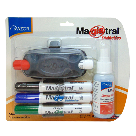 Kit Magistral Didáctico 4 marcadores, bo Marcadores tinta base alcohol de alta intensidad y bajo aroma, punta cincel 6 mm, barril plástico, no toxico, rendimiento de 350 m, 1 kit con marcadores, borrador, limpiador, magis holder y ventosa.                                                          rrador, limpiador, holder y ventosa      - AZOR