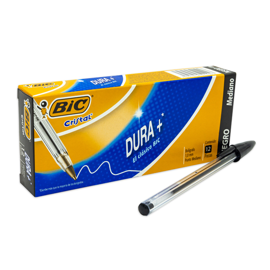 Bolígrafo Bic negro punto mediano 1.0 mm Bic cristal dura más clásico, rinde mas de 2 km, tapa ventilada para evitar asfixia, barril hexagonal                                                                                                                                                           caja con 12 piezas                       - 7501014511023BCK