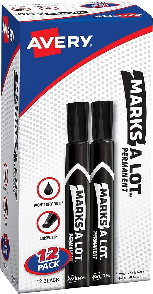 Marcador permanente grande negro AVERY c Punta cincel de 1/5 ", permite escribir gran variedad de anchos de línea, tinta permanente resistente al agua y decoloración, mayor duración, marca prácticamente sobre cualquier superficie, secado rápido, no tóxico, caja con 12 piezas - AVERY