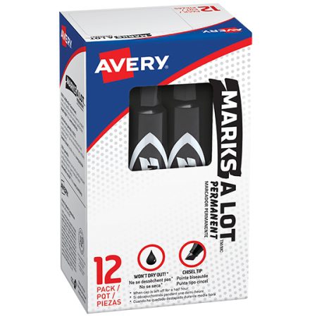 Marcador estándar permanente negro AVERY Punta cincel, permite escribir gran variedad de anchos de línea, tinta permanente resistente al agua y decoloración, marca prácticamente sobre cualquier superficie, secado rápido, no tóxico, caja con 12 piezas - AVERY