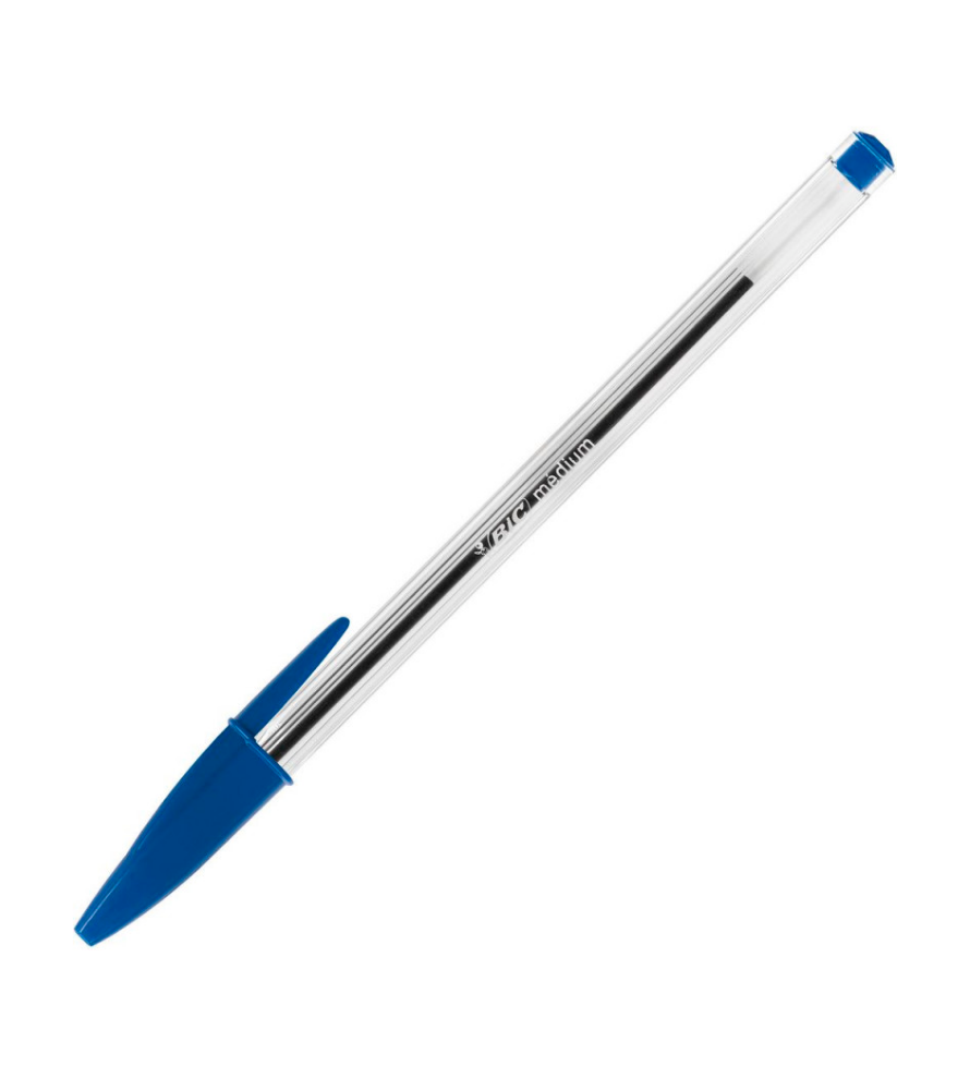 Bolígrafo Bic azul punto mediano 1.0 mm  Bic cristal dura más clásico, rinde mas de 2 km, tapa ventilada para evitar asfixia, barril hexagonal                                                                                                                                                           caja con 12 piezas                       - BIC