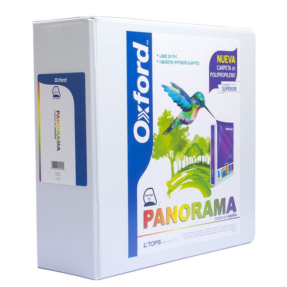 Carpeta panorámica Oxford carta blanca d Triple arillo en forma de D, 4 pulgadas, hecha con polipropileno, libre de PVC, no toxica, transferencia segura: no levanta tinta o toners de documentos, 3 ventanas externas personalizables, bolsas internas en ambas solapas, capacidad 835 hojas.           e 4" herraje "D"                         - OXFORD