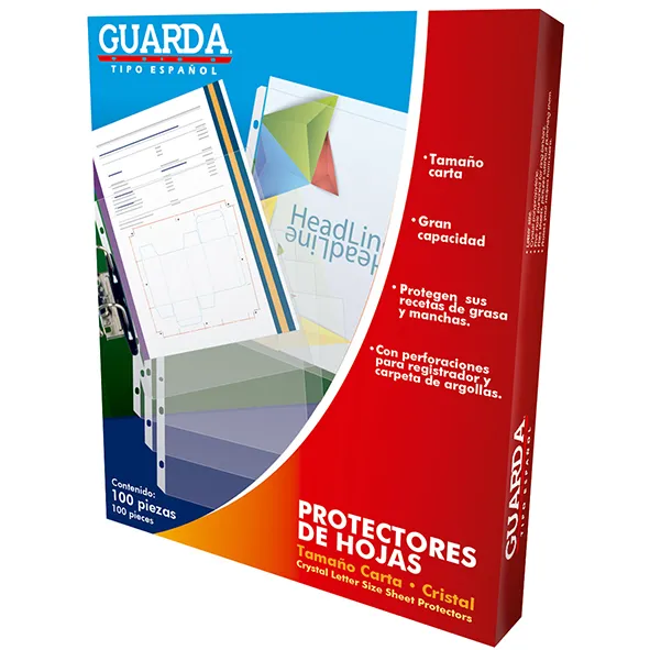 Protector de hojas cristalino Guarda 330 Protectores cristalinos fabricados con polipropileno, tira de polipropileno reforzada y con perforación lateral para guardar en carpetas, superficie antiadherente que evita que los documentos se peguen, no levanta la impresión, fácil inserción de hojas.   tamaño carta caja con 100 pzas           - 310.330