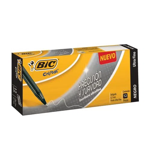 Bolígrafo Bic cristal negro ultra fino 0 Bolígrafo Bic cristal ultra fino, precisión y suavidad, punto ultra fino 0,7 mm, sensación de escritura suave, tapa ventilada para evitar asfixia, ideal para que tu letra sea mucho mas bonita gracias a su trazo suave y preciso                              .7mm caja con 12 piezas                  - BIC