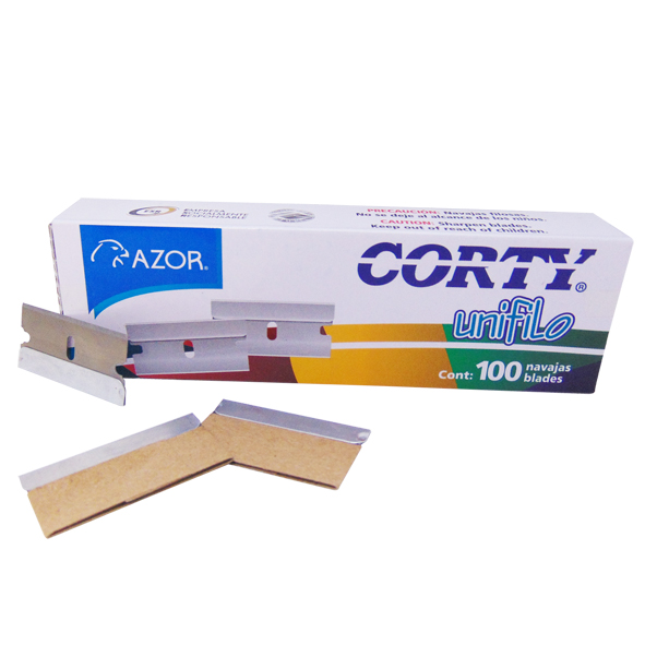 Navaja unifilo Corty 3110 caja con 100 n Navaja de acero inoxidable, con perforación para fijar, un costado sin filo y funda para mayor seguridad. Ideales para cortar papel, cartoncillo y plástico.                                                                                                    avajas                                   - AZOR