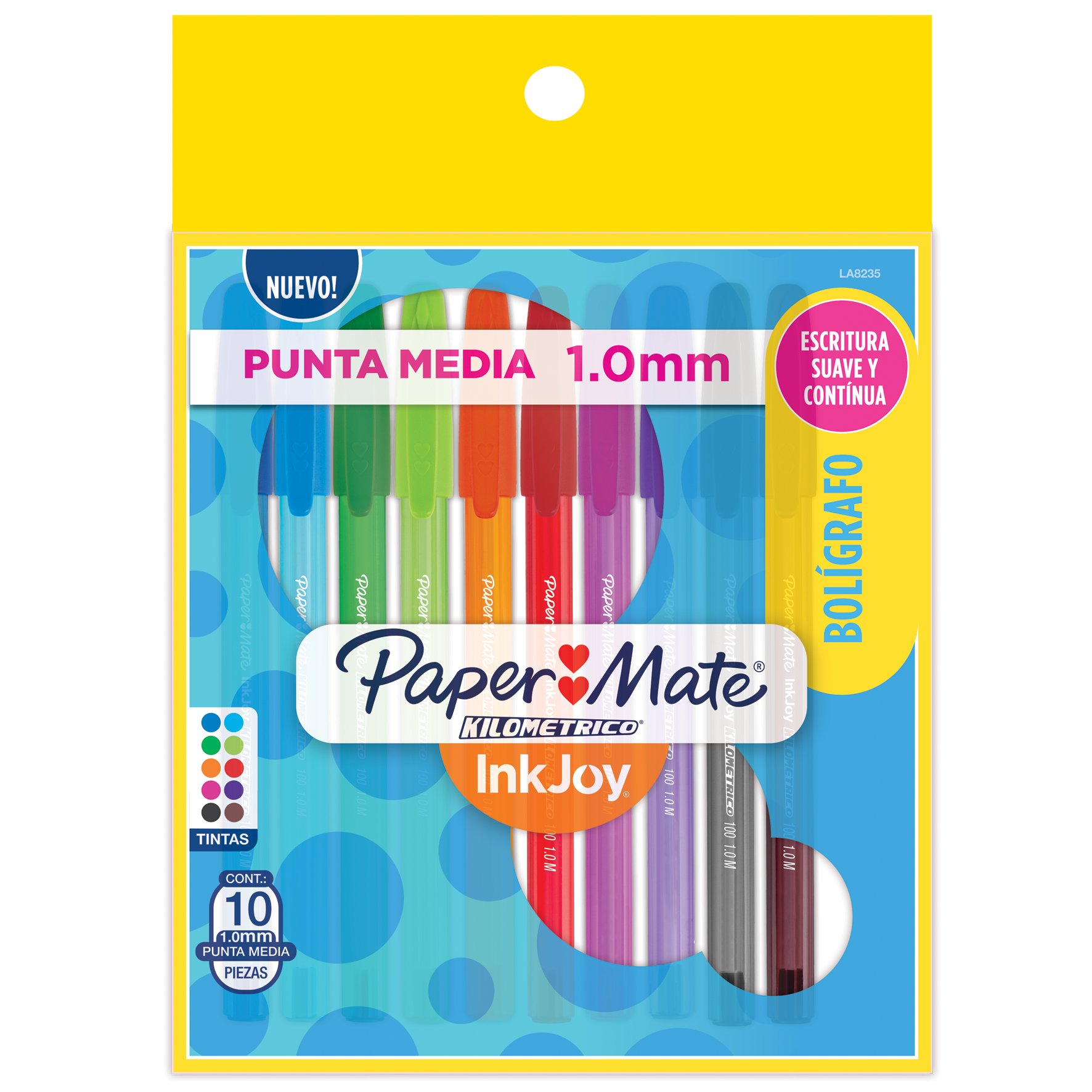 Bolífrafo Paper Mate fashion punto media Barril triangular de plástico traslucido que indica el color de la tinta, práctico clip en tapa y sistema de tinta inkjoy en 10 colores: ngo, azul, rjo, vde, nar, mag, mora, vde lima, turq, y moka, punto mediano 1.0 mm, se desplaza con gran suavidad       no, bolsa con 10 piezas                  - PAPER MATE