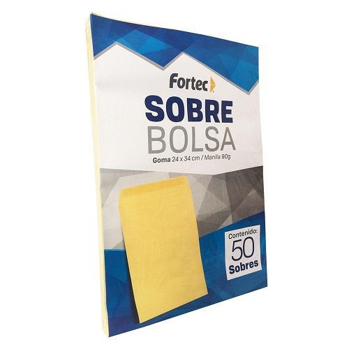 Sobre manila engomado Fortec oficio caja Sobre tipo bolsa con solapa engomada, papel de 90 gr, escote en "V" para facilitar la manipulación de documentos, solapa con pleca guía para facilitar el cerrado del sobre, medida: 24 x 34 cm.                                                                 con 50 piezas                           - B-24-MG