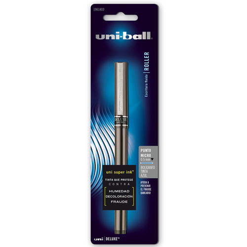 Bolígrafo antifraude ultra fino Uni-Ball Tinta azul, punto ultrafino 0.5 mm, tinta antifraude que no puede ser borrada, tecnología japonesa, clip metálico, tinta resistente a la humedad, no se corre.                                                                                                  Deluxe 0.5 mm color azul blíster         - AZOR