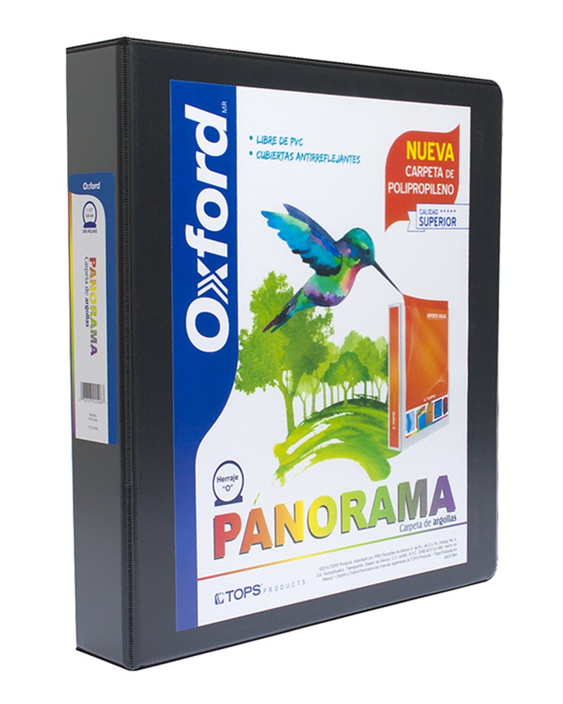 Carpeta panorámica Oxford carta negra de Triple arillo en forma de O, 1.5 pulgadas, hecha con polipropileno, libre de PVC, no toxica, transferencia segura: no levanta tinta o toners de documentos, 3 ventanas externas personalizables, bolsas internas en ambas solapas, capacidad 350 hojas.         1.5" herraje "O"                         - OXFORD