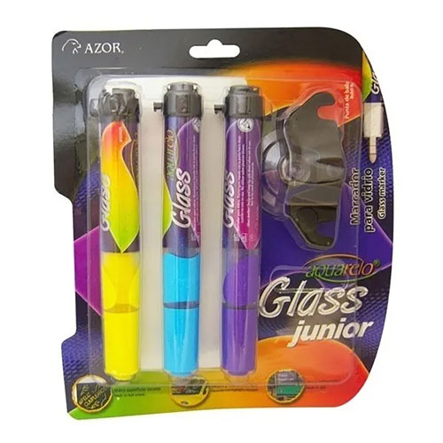 Marcador para vidrio Aquarelo Glass Jr.  Tinta base agua, punta bala 4 mm, barril plástico con grip ahulado, no se decolora con el sol, manténgase tapado en posición vertical y punta hacia abajo cuando no se use, remover con trapo seco, no toxico, rendimiento 300 m.                               colores surtidos empaque con 3 pzas      - 301.22326NVA