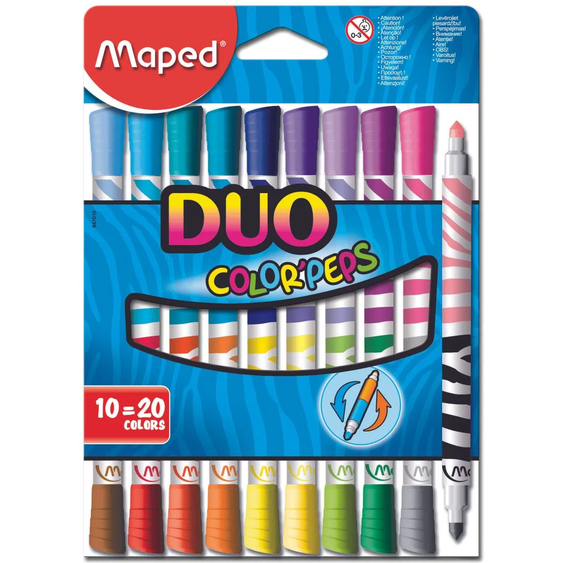 Plumones de colores duo Maped con 10 pie Bolsa con 10 plumones duo (20 colores diferentes), punta media bloqueada de 4.75 mm, ultra lavables, larga duración, decorado tipo cebra                                                                                                                        zas  colorpeps duo colors                - 3154148470106