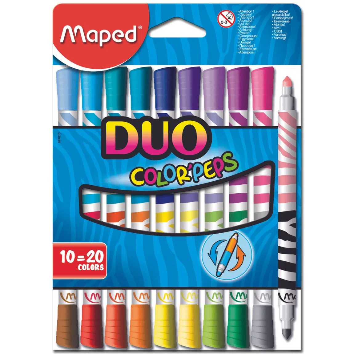 Plumones de colores duo Maped con 10 pie Bolsa con 10 plumones duo (20 colores diferentes), punta media bloqueada de 4.75 mm, ultra lavables, larga duración, decorado tipo cebra                                                                                                                        zas  colorpeps duo colors                - MAPED