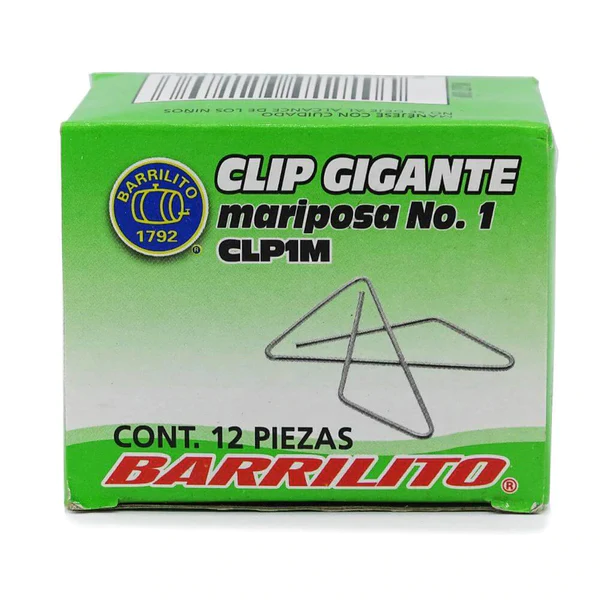 Clip mariposa gigante no. 1 Barrilito ca Acabado metálico brillante, recubrimiento electrolitico para preservarla del medio ambiente, permite sujetar firmemente papeles, clip mariposa gigante no. 1, 7 cm de alto, sujeta hasta 20 hojas, caja con 12 clips                                            pacidad hasta 20 hojas                   - BARRILITO