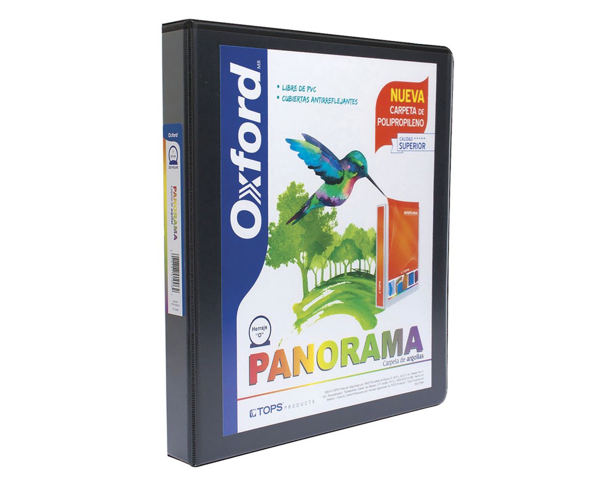 Carpeta panorámica Oxford carta negra de Triple arillo en forma de O, 1 pulgada, hecha con polipropileno, libre de PVC, no toxica, transferencia segura: no levanta tinta o toners de documentos, 3 ventanas externas personalizables, bolsas internas en ambas solapas, capacidad 225 hojas.            1" herraje "O"                           - OXFORD