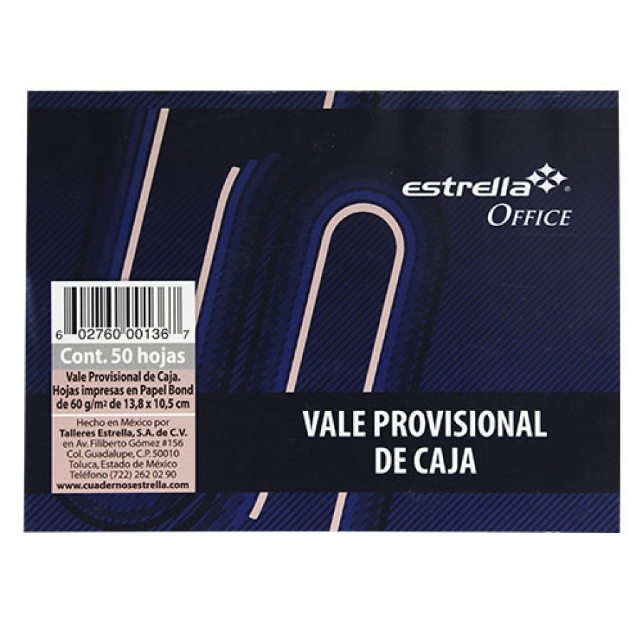 Vale provisional de caja  Estrella block 13,9 x 10,5 cm papel bond de 75 g, lomo engomado                                                                                                                                                                                                                con 50 hojas                             - 0136