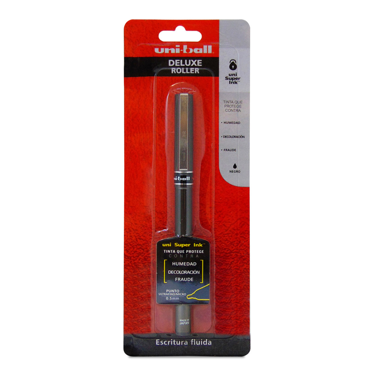 Bolígrafo antifraude ultra fino Uni-Ball Tinta negra, punto ultrafino 0.5 mm, tinta antifraude que no puede ser borrada, tecnología japonesa, clip metálico, tinta resistente a la humedad, no se corre.                                                                                                 Deluxe 0.5 mm color negro blíster        - 7501428730461