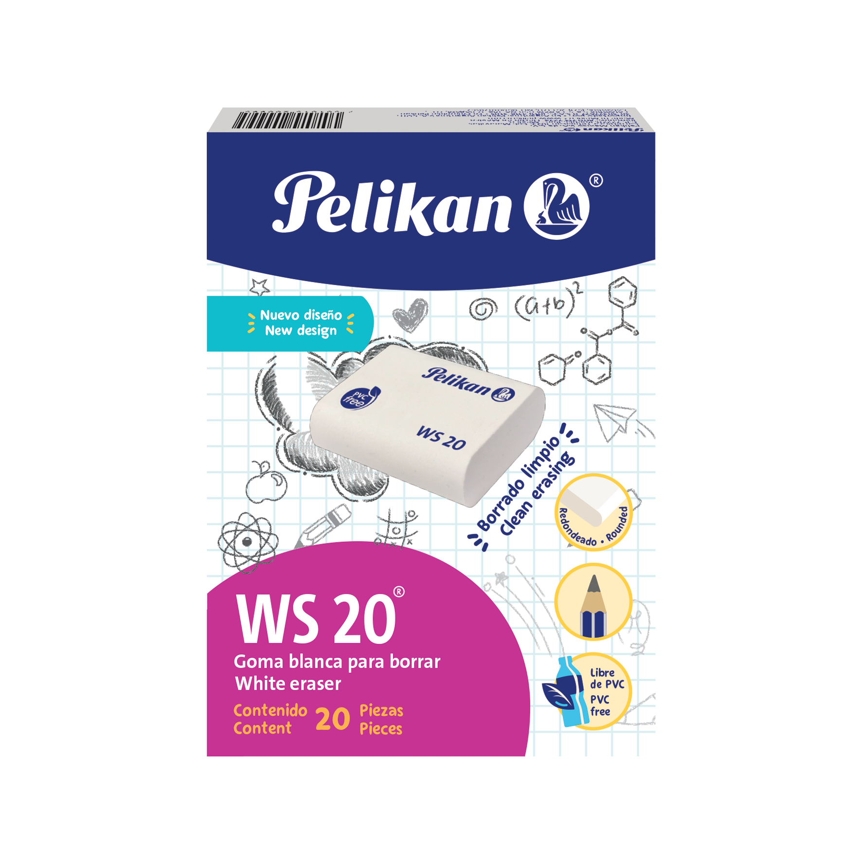 Goma Pelikan WS20  blanca plástica caja  Goma blanca plastica de alta calidad para optimo borrado de lapiz y color. Envuelta en celofán para mayor protección, excelente sujeción con suave textura, no mancha ni daña el papel, libre de PVC, no tóxica                                                 con 20 piezas                            - PELIKAN