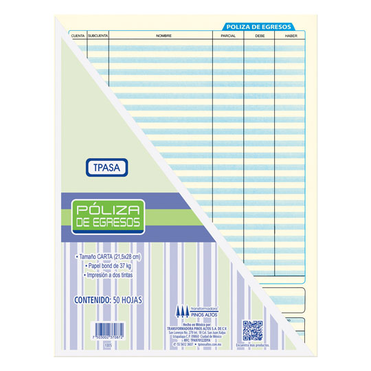 Póliza de ingresos Pinos Altos blíster c Papel bond de 50-56 g, medida: 21.5 x 28 cm, impresión a dos tintas, block con 50 hojas.                                                                                                                                                                        on 3 blocks                              - 1004