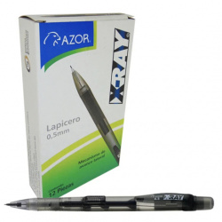 Lapicero HB Azor X-Ray 0.5 mm color negr Lapicero de 0.5 mm grado hb, punta plástica retráctil, grip ergonómico, avance lateral, la goma no mancha y se desliza suavemente, ideal para escribir sobre papel bond, cartoncillo, cascaron, albanene.                                                       o caja con 12 pzas                       - 301.6460