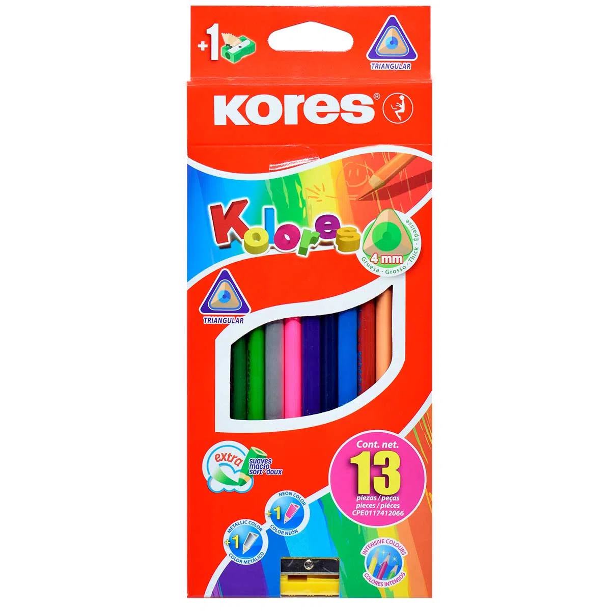 13 colores triangulares y 1 sacapuntas K Colores triangulares de mina gruesa y super suave, para máxima cobertura. no utiliza madera de selvas tropicales, caja colores 13 colores (1 color es neon) y 1 sacapuntas gratis                                                                               ores                                     - KORES