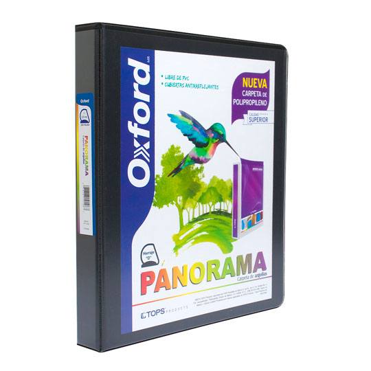 Carpeta panorámica Oxford carta negra de Triple arillo en forma de D, 1 pulgada, hecha con polipropileno, libre de PVC, no toxica, transferencia segura: no levanta tinta o toners de documentos, 3 ventanas externas personalizables, bolsas internas en ambas solapas, capacidad 240 hojas.            1" herraje "D"                           - PP10106