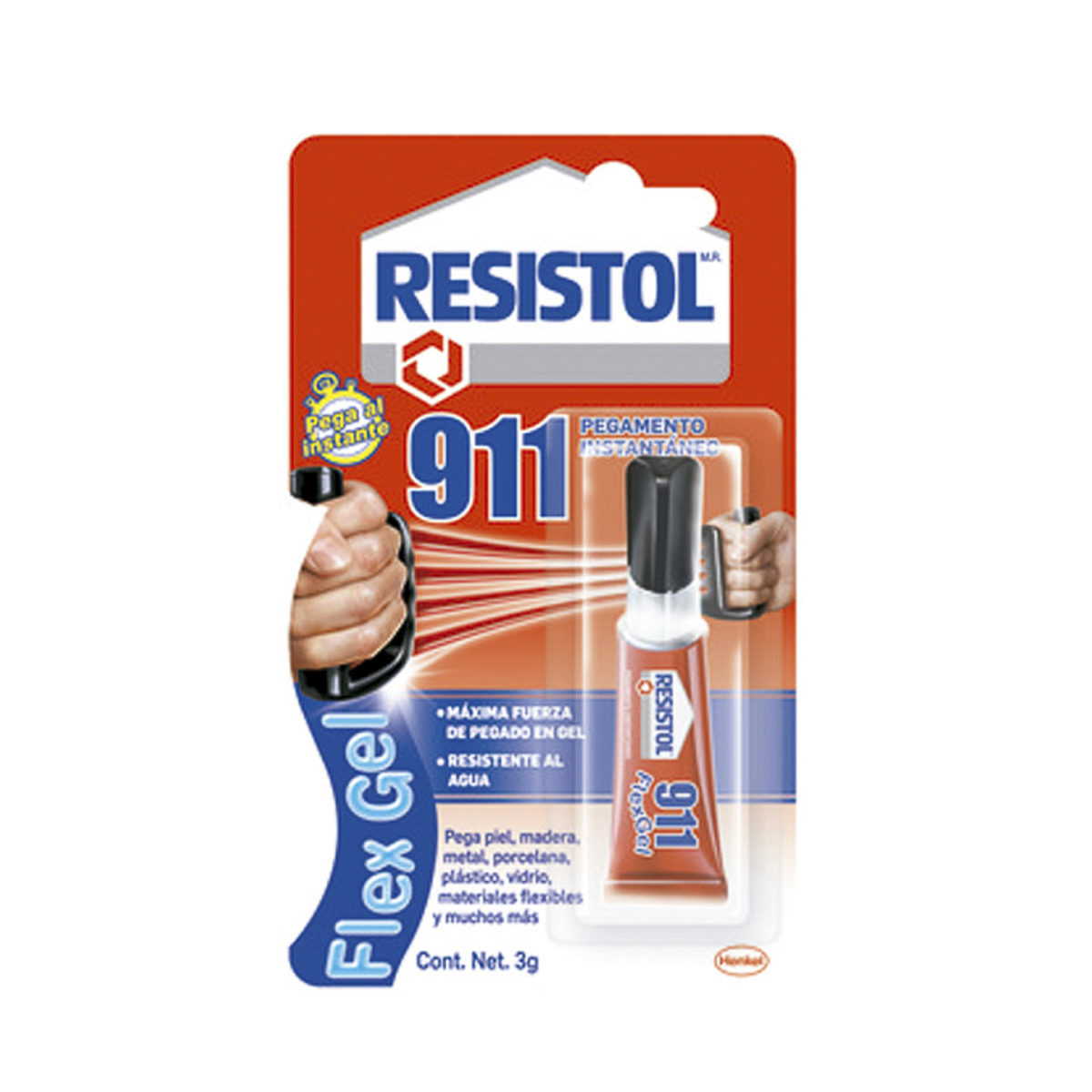 Pegamento instantáneo Resistol 911 Flex  Pegamento instantáneo en gel, contiene infusión de hule que lo hace más flexible y sin escurrimiento, multimaterial y resistente al agua con máxima fuerza de pegado, reparaciones de emergencia, color transparente.                                           Gel, tubo de 3 grs                       - 2445404