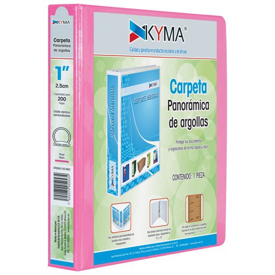 Carpeta KYMA panoramica de vinil 1 pulga Carton rigido 2.0 mm espesor, forro vinil blanco cal. 8, cubierta cristal s/rigido transparente cal. 8, herraje metalico, remache metalico, 2 bolsas interiores, peso: 0.428 kg, largo: 26cm, ancho: 4cm y alto 29.4cm                                          da arillo en O rosa neón 1 pieza         - KYMA