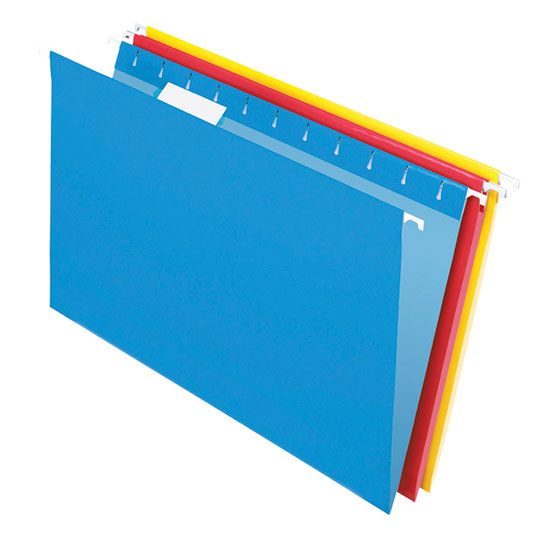 Folder colgante Pendaflex oficio colores Pre-doblez para expansión de 3.81 cm, entintado mas claro en interior, incluye jinetes plásticos transparentes y hoja de etiquetas, varillas recubiertas, 10% fibra reciclada y 10% post-consumo, colores: azul, amarillo y rojo, caja con 25 piezas.            surtidos caja con 25 pzas               - PENDAFLEX