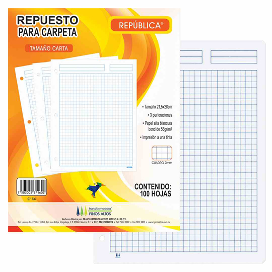 Repuesto para carpeta Pinos Altos carta  Papel bond de 56 g, medida: 21.5 x 28 cm, cuadro grande de 7 mm, 3 perforaciones, papel de alta blancura, impresión a una tinta, 100 hojas.                                                                                                                     cuadro grande paquete con 100 hojas      - RT7