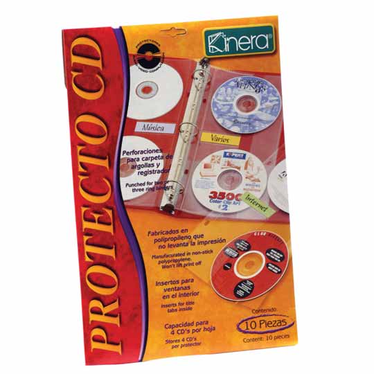 Protector para CD Kinera para 4 CD por h Capacidad para 4 CD por hojas, fabricado en polipropileno, no levanta la impresión, perforaciones para carpeta de argollas y registrador.                                                                                                                       ojas empaque con 10 pzas                 - KINERA