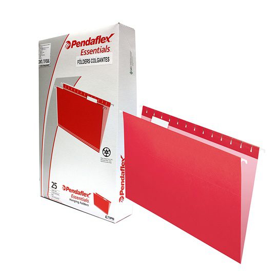 Folder colgante Pendaflex oficio color r Pre-doblez para expansión de 1 1/2 pulgadas (3.81 cm), entintado mas claro en el interior, incluye jinetes de plástico transparentes y hoja de etiquetas, varillas recubiertas, 10% fibra reciclada y 10% fibra post-consumo, caja con 25 piezas.               ojo caja con 25 pzas                     - PENDAFLEX