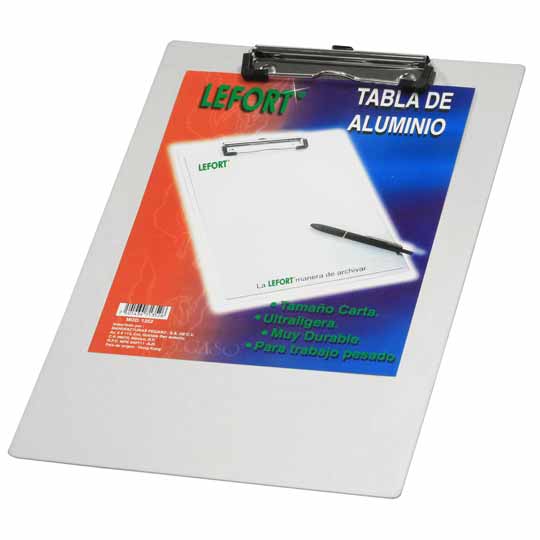 Tabla de aluminio Lefort con clip metáli Fabricada en aluminio, broche de lamina de acero pulido y niquelado con sujetadores plásticos en las esquinas, ultra ligera, durable e ideal para trabajo pesado, capacidad para 100 hojas bond de 75g, tamaño carta.                                           co tamaño carta                          - AZOR